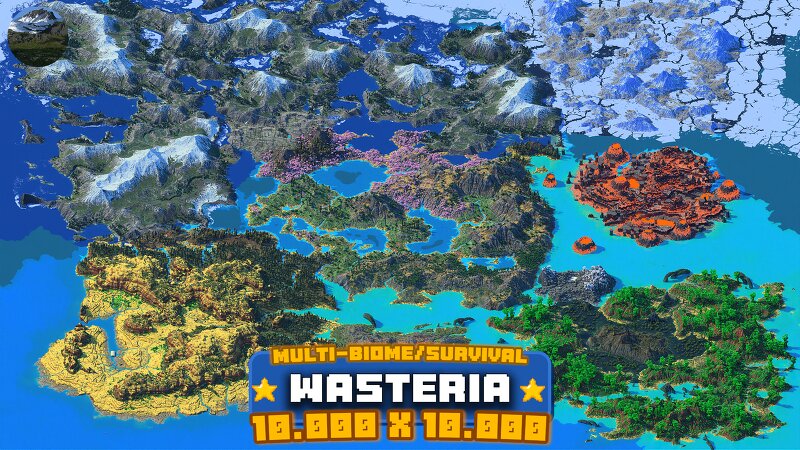 Wasteria 1.21.4+ | 10.000 x 10.000, Multi-Biome - Adventure | Survival-Friendly | Java Edition | Custom Structures & Custom Caves preview
